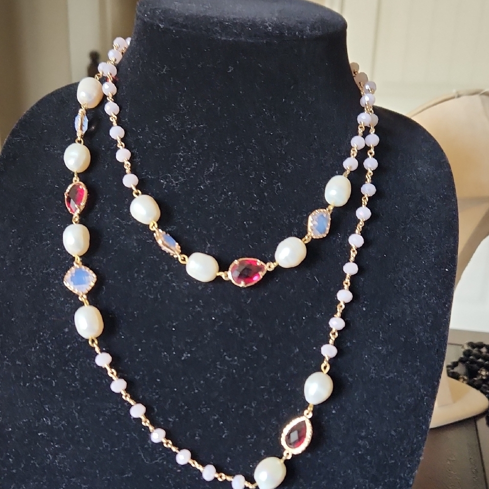 Elegant Pearl and Gemstone Necklace With Glass Station